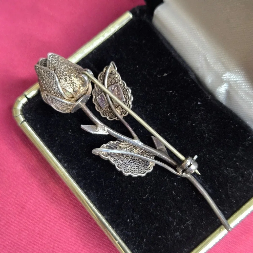 Vintage FAS 925 Sterling Silver Filigree Rose Brooch Pin 2.5